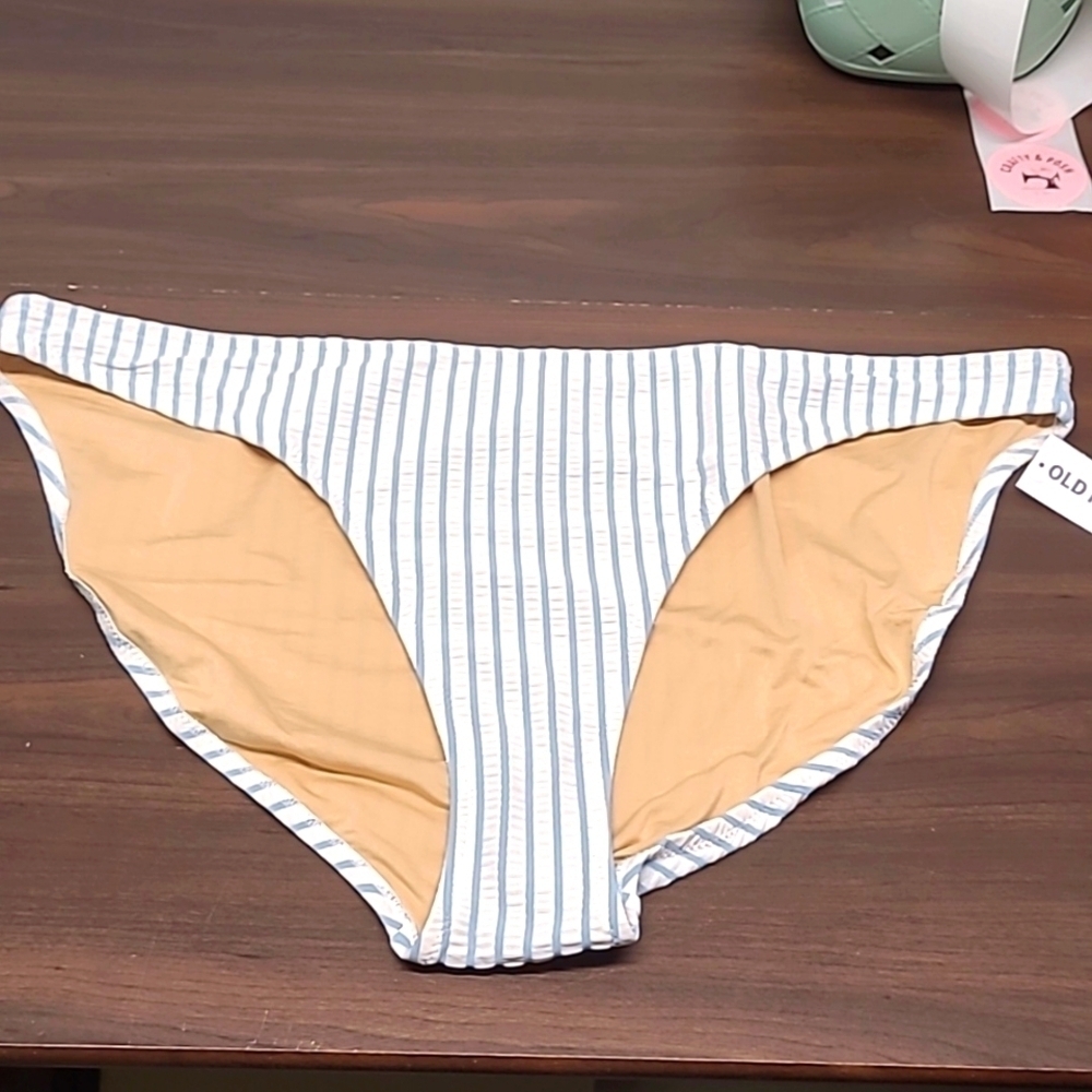Old Navy White and Blue Striped Classic Hi Cut Brief Bikini Bottom